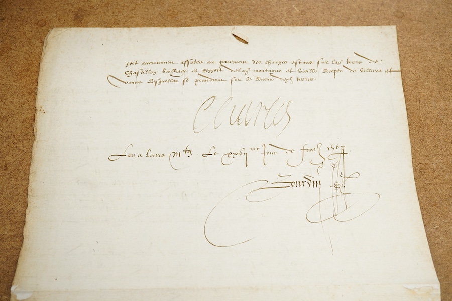 A mid 16th century letter on a single sheet of paper signed by Charles IX of France (1550-1574), the letter also references his mother Catherine de Medici in “leur majestes” who had been regent.